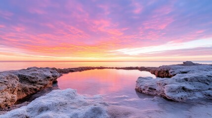 Coastal Rock Pool Sunrise Serenity Vibrant Sunset High-resolution long exposure Landscape Peaceful Reflection Coastal dawn Pastel hues Perfect for travel brochures