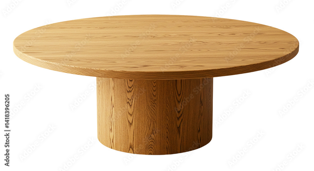 Poster a round wooden table with a cylindrical base against a plain black background in a studio setting