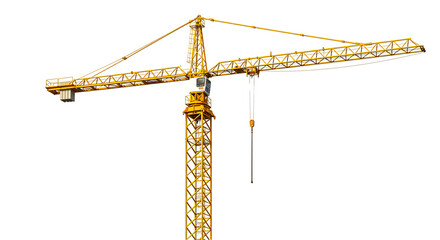 A yellow tower crane with a hook and black background is shown in a full shot against a black background