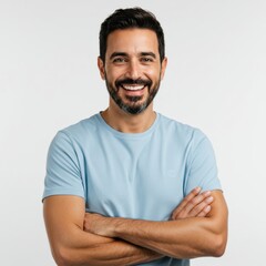 Fototapeta premium Smiling man in light blue t-shirt with arms crossed and confident pose isolated on white background
