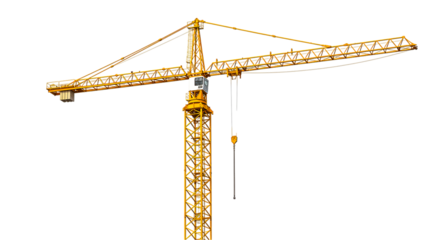 A yellow construction crane against a black background with a long horizontal arm and tower structure