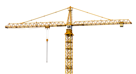 A yellow construction crane against a black background with a hook and lattice structure visible