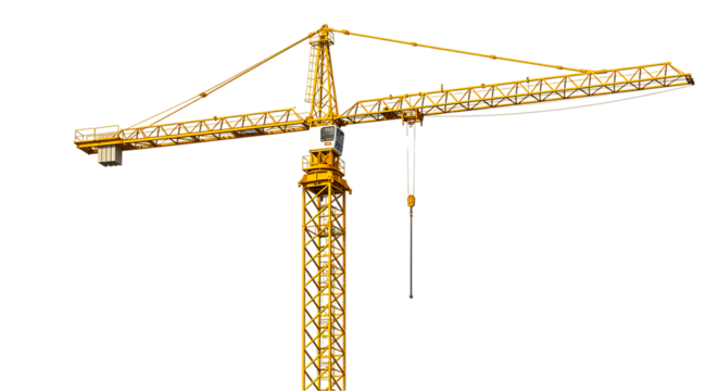 A yellow tower crane with a hook and black background is shown in a full shot against a black background