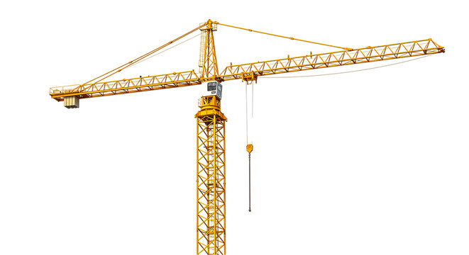 A yellow construction crane against a black background with a long horizontal arm and tower structure