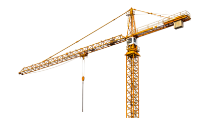 A yellow construction crane standing tall against a stark black background in a studio shot view
