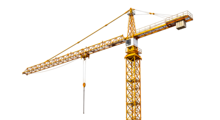 A yellow construction crane is shown against a black background with a hook and cable hanging down