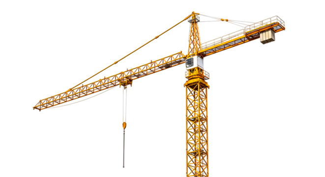 A yellow construction crane is shown against a black background with a hook and cable hanging down