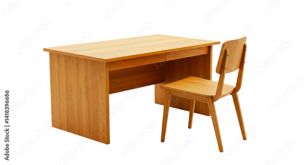 Poster a wooden desk and chair set against a black background in a studio setting with simple design style