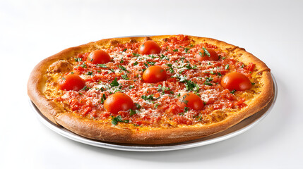 Freshly Baked Pizza with Tomato Topping and Herbs on a Silver Platter with White Background