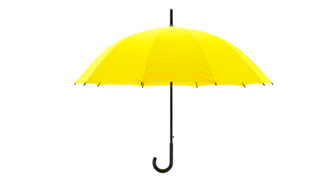 A bright yellow umbrella with a black handle and frame isolated against a black background space fills the view