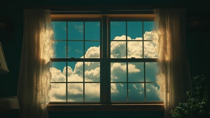 Window view of blue skies filled with fluffy white clouds and lace curtains.