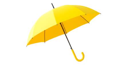 A vibrant yellow umbrella with a curved handle isolated against a black background in a studio shot