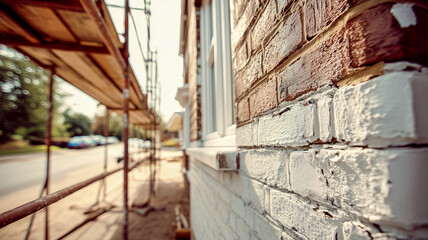 Exterior house renovation, brickwork partially painted white, with scaffolding on a sunny day, focusing on home improvement and facade.