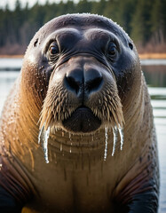 Obraz premium This captivating marine mammal emerges from its cold, serene habitat, showcasing its impressive whiskers and glistening icicles, while embodying an aura of curiosity and strength Generative AI