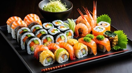 A vibrant assortment of sushi rolls and nigiri artfully arranged on a bamboo leaf, accompanied by soy sauce and chopsticks, highlights traditional Japanese cuisine