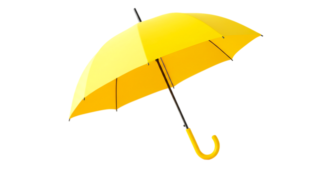 A vibrant yellow umbrella with a curved handle isolated against a black background in a studio shot