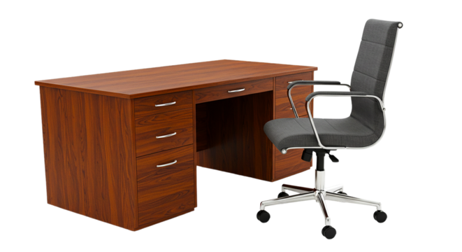 A wooden desk with drawers and a gray office chair with chrome arms on a black background studio shot