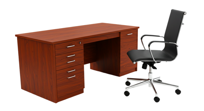 A desk with drawers and a black office chair with a silver base against a black background space