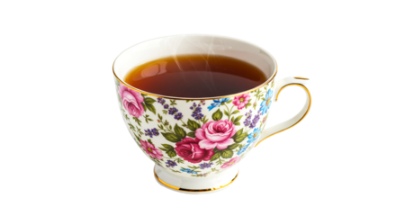 Elegant floral tea cup filled with brown tea isolated on white background, ideal for tea branding, vintage crockery ads, high tea event promotions, and warm beverage lifestyle visuals