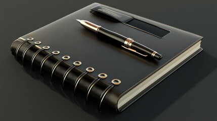 Black leather notebook with a pen on top in a businesslike setting.