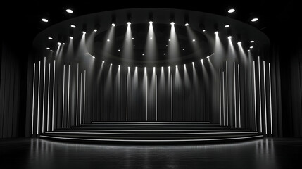 Dramatic black and white image of a stage with spotlights, steps, and sleek modern design, perfect for award shows, presentations, or product launches.