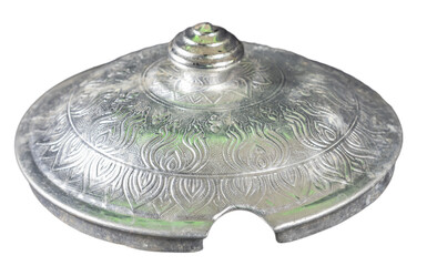 A Thai aluminum pot for containing rice and keeping it warm, designed with traditional Thai pattern style, on a transparent background