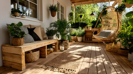 Serene patio oasis with wooden bench, hanging chair, potted plants, and jute rug. Perfect for relaxation and outdoor living.