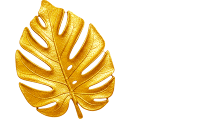 Golden tropical monstera leaf isolated on white background, ideal for luxury botanical decor, tropical themes, modern nature-inspired artwork, and festive or wedding design embellishments