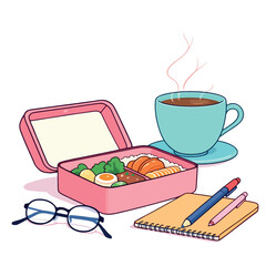 Vsai lunch break with bento box, hot coffee, notebook and eyeglasses