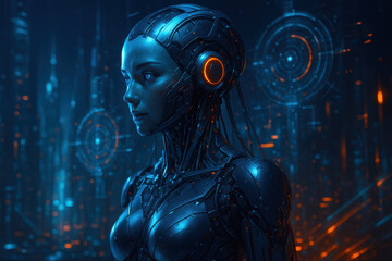 Futuristic Female Android in a Digital Cityscape, cinematic Sci-Fi Portrait with Glowing Tech Elements