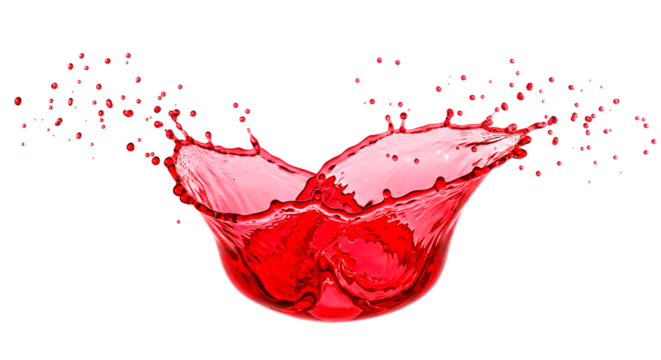 Red splash of juice or liquid forming dynamic arc with droplets isolated on white background, ideal for beverage branding, juice ads, cosmetic splashes, and creative splash artwork