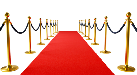Red carpet with golden stanchions and black ropes isolated on white background, representing luxury event entrance, celebrity award shows, premieres, and exclusive VIP welcoming experiences
