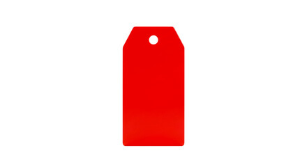 A single, isolated, bright red tag with a hole at the top is centered on a black background plain view selling, purchasing, agreement, $