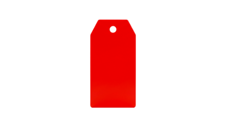 A single, isolated, bright red tag with a hole at the top is centered on a black background plain view selling, purchasing, agreement, $