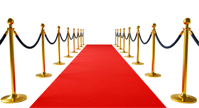 Red carpet with golden stanchions and black ropes isolated on white background, representing luxury event entrance, celebrity award shows, premieres, and exclusive VIP welcoming experiences