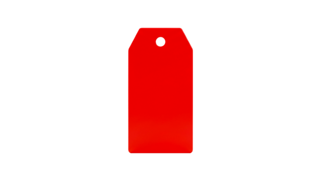 A single, isolated, bright red tag with a hole at the top is centered on a black background plain view selling, purchasing, agreement, $