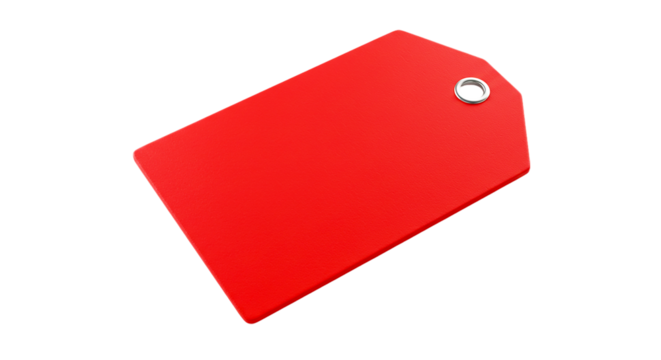 Tilted red price tag with metal eyelet on white background, ideal for shopping promotions, discount marketing, branding visuals, sale event labels, and e-commerce banner advertisements