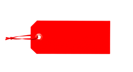 Red blank price tag with a punched hole and string, isolated on white background, ideal for sale labels, product discounts, shopping promotions, and e-commerce or retail advertisement use