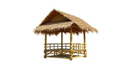 Rustic bamboo hut with thatched roof and open design isolated on white background, ideal for eco-tourism resorts, village lifestyle visuals, sustainable housing, and rural architectural use