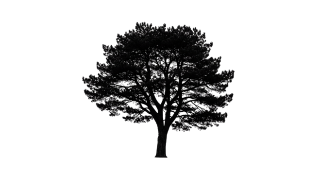 Single tall pine tree silhouette with detailed branches isolated on white background, suitable for forest themes, nature conservation posters, and minimalist outdoor design compositions