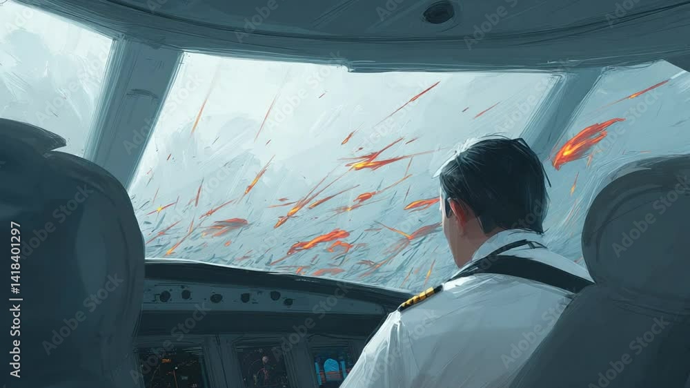 Poster pilot navigates through meteor shower in futuristic cockpit generative ai