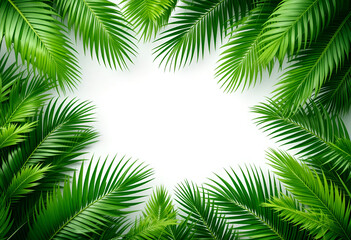 Palm leaves leaf frame border design isolated on white background. Palm branches summer design element. Tropical green plant. 