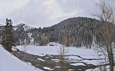 Tibble Fork Loop winter storm snow views from hiking trail Lone Peak Wilderness Uinta Wasatch Cache National Forest, Rocky Mountains, Utah. United States.