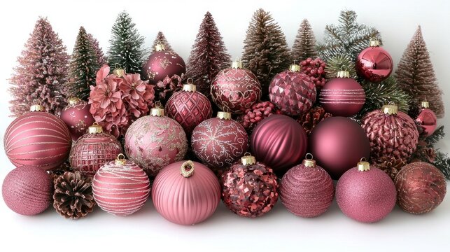 Festive array of pink Christmas ornaments and trees