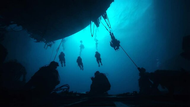Military Divers Conduct Underwater Operation Beneath Hostile Ship Generative AI