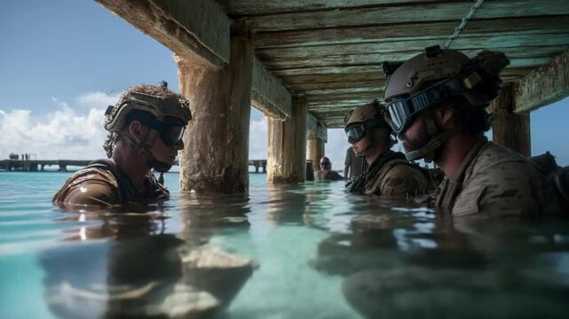 Military Divers Secure Explosives Beneath Dock at Hostile Ship Generative AI