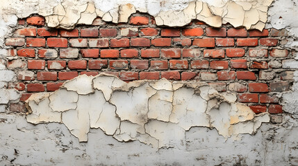 Old brick wall with peeling paint and cracks, showcasing texture and decay