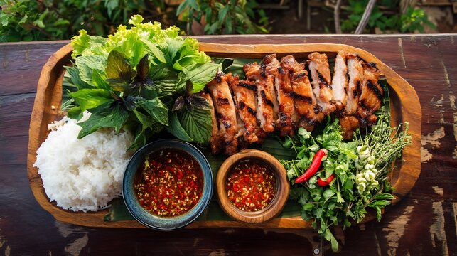 Dinner platter of Thailand style grilled pork neck kor moo yang sticky rice chili dip and herbs rustic table setup in authentic Thai countryside outdoor lighting