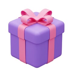 3d purple gift box with pink ribbon isolated on white background