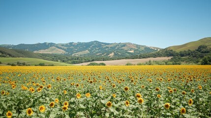 Vibrant Sunflower Field with Rolling Hills under a Clear Blue Sky